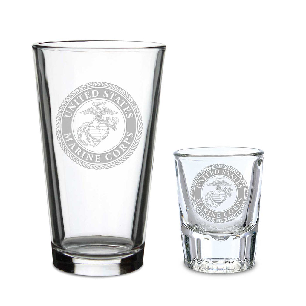 Marines Seal Set of 16oz Pint Glass w/ 2oz Classic Shot Glass