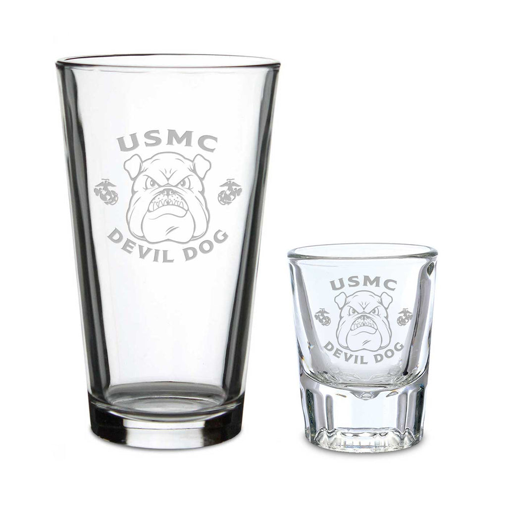 Marines Bulldog Set of 16oz Pint Glass w/ 2oz Classic Shot Glass