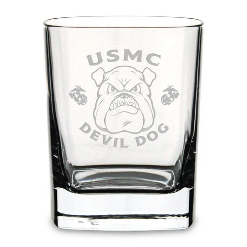 USMC Bulldog Square 11.75oz Double Old Fashion Glass