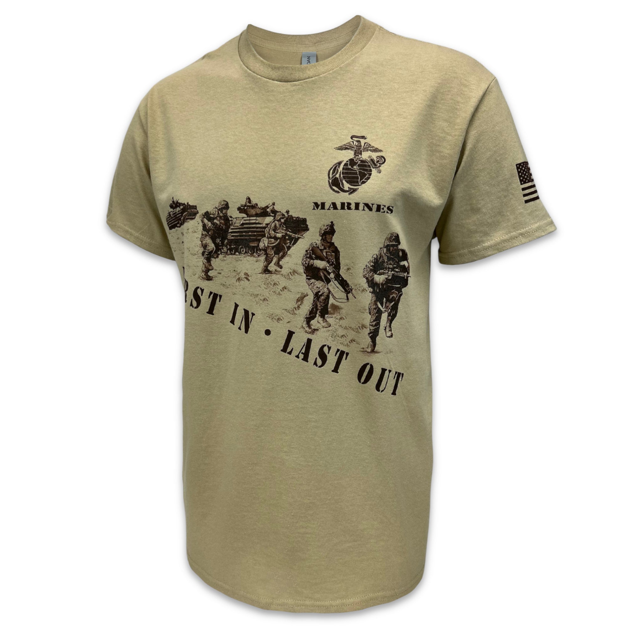 Marines Squad First In Last Out T-Shirt (Tan)