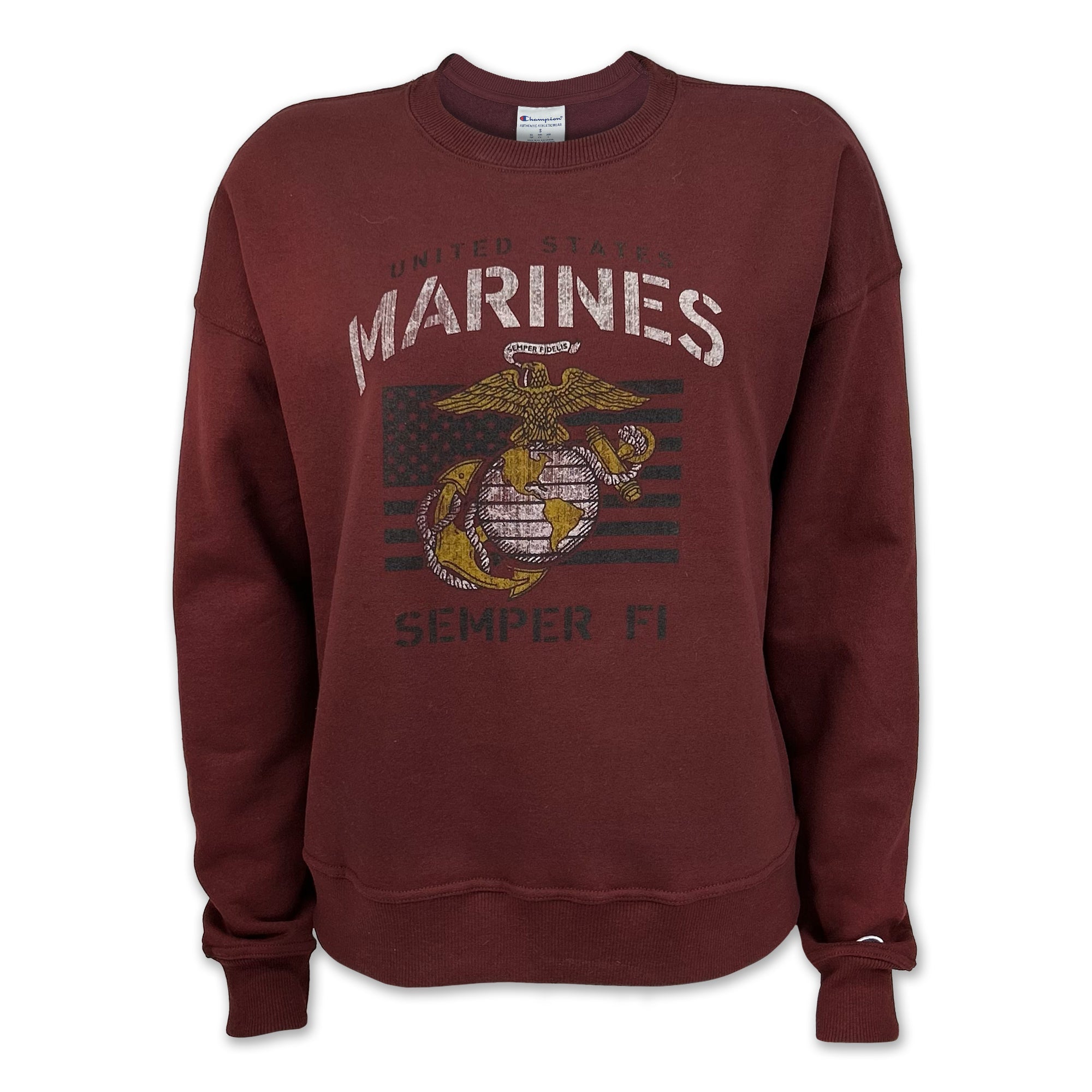 Marines Champion Ladies Vintage Stencil Crewneck (Maroon)