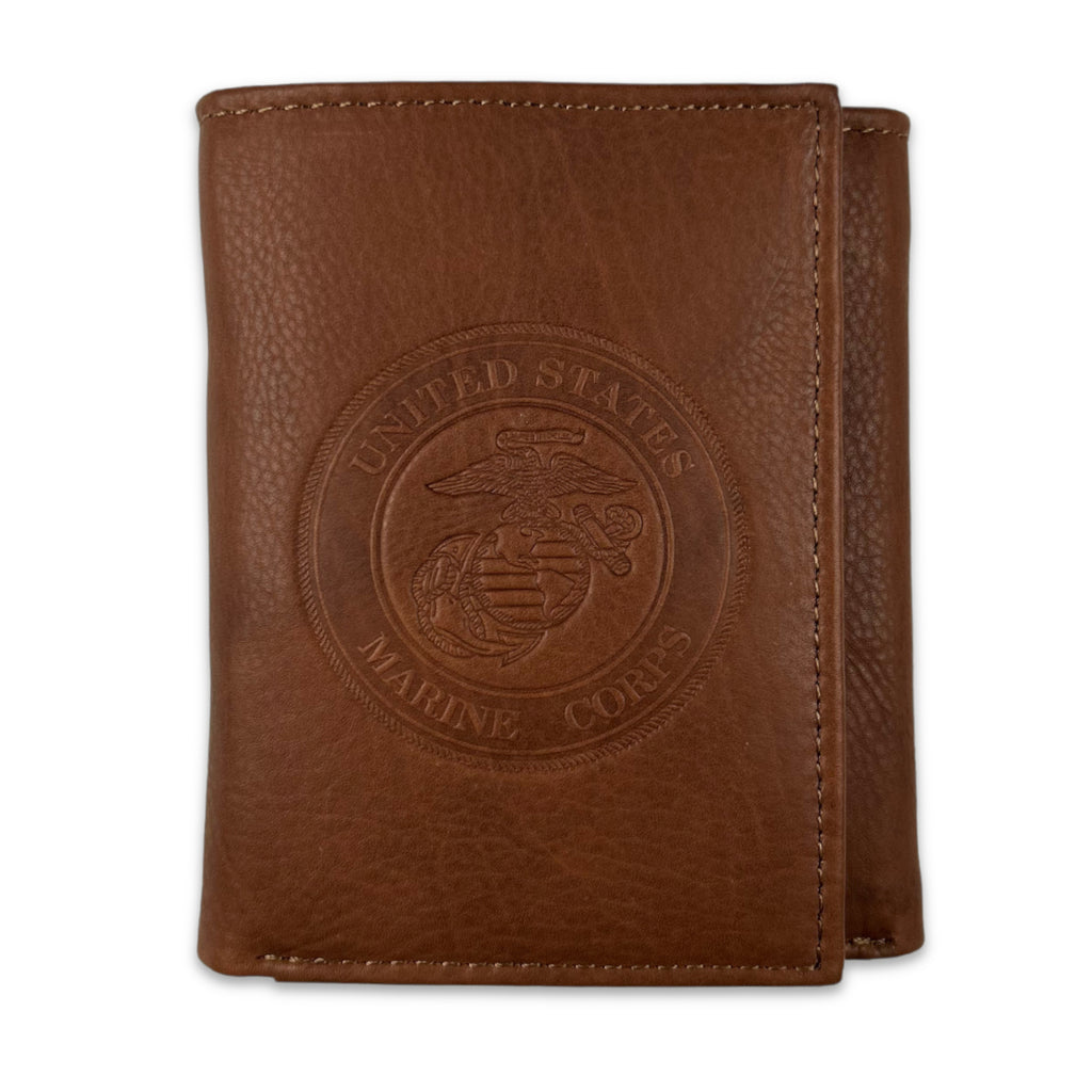 USMC EGA Genuine Leather Trifold Wallet (Brown)