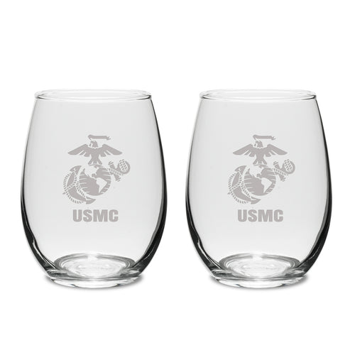 Marines EGA Set of Two 15oz Stemless Wine Glasses