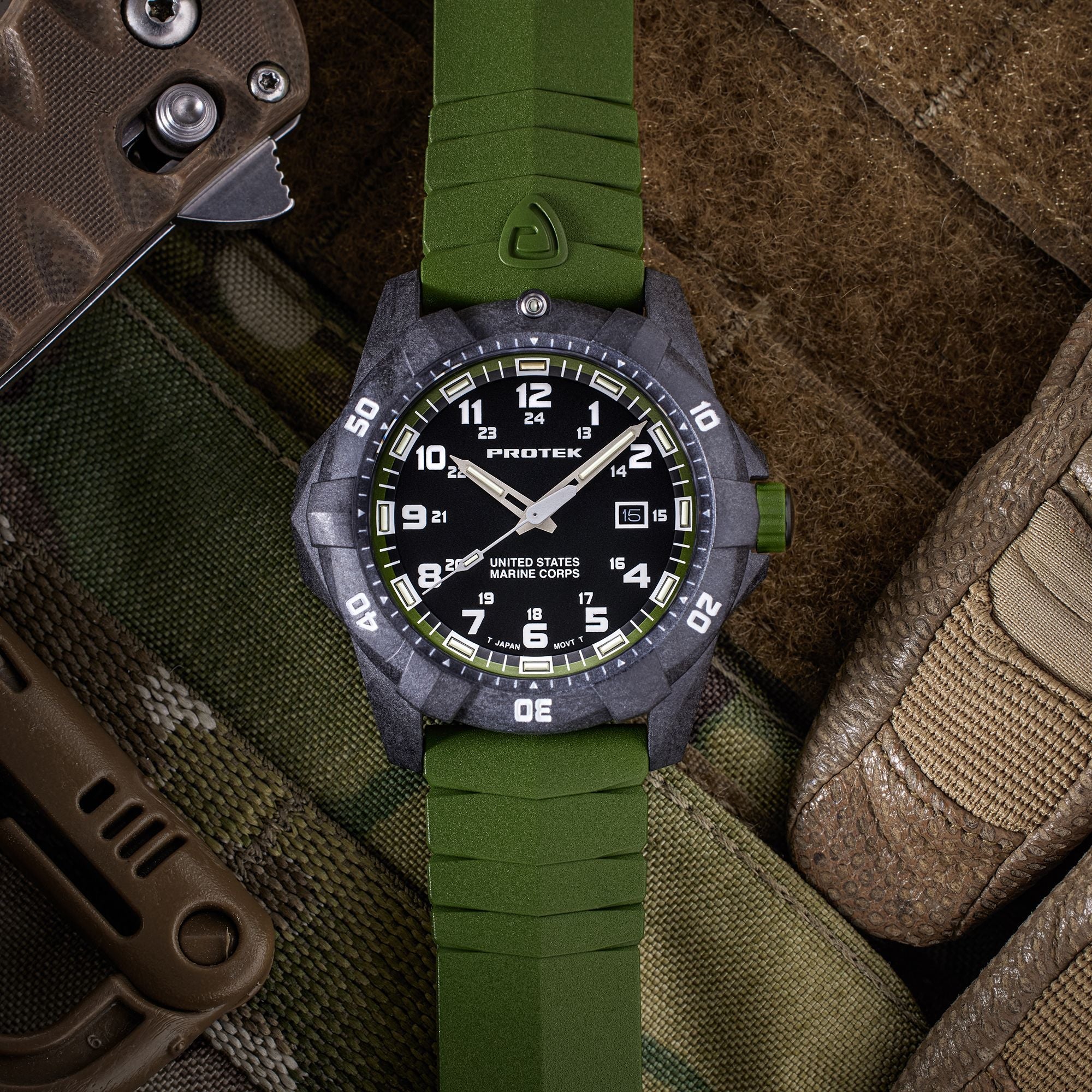 ProTek USMC Carbon Composite Dive Watch - Carbon/Black/Green (Green Band)