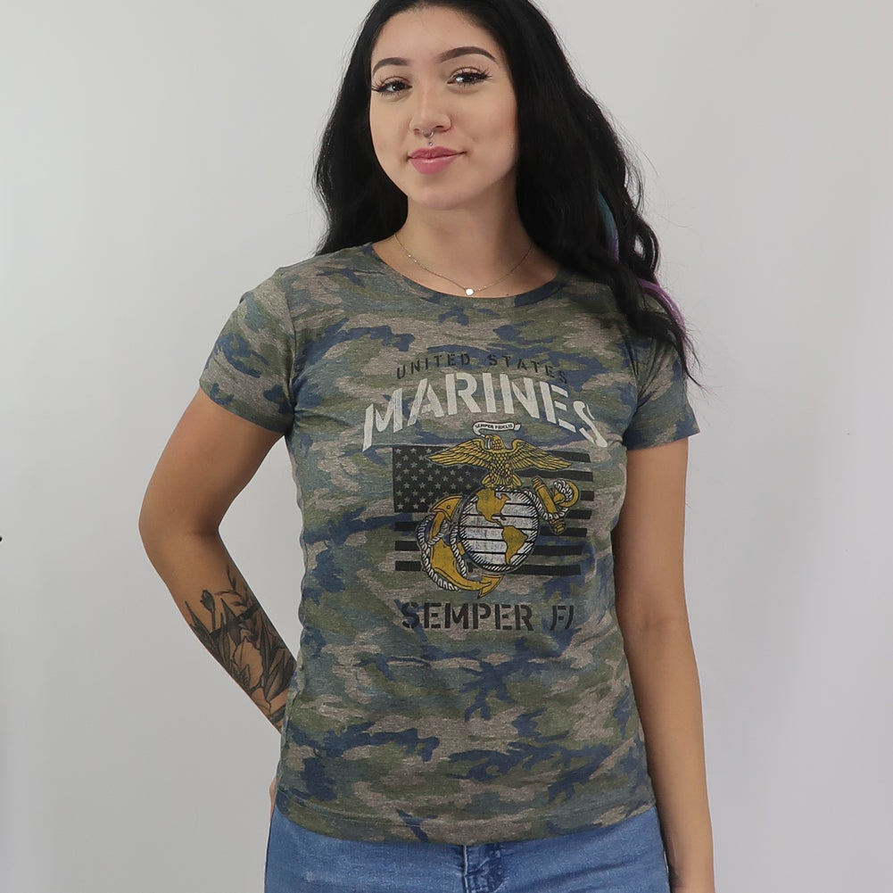 Marines Ladies Vintage Stencil T-Shirt (Camo)